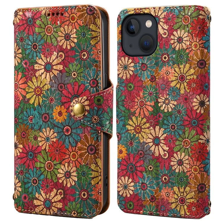 For iPhone 13 Wallet Case PU Leather Seasonal Floral Phone Cover