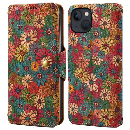 For iPhone 15 Plus Case Flower Printing PU Leather Wallet Card Slots Phone Cover