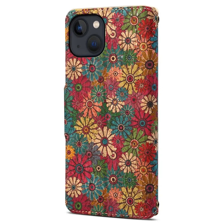 For iPhone 15 Plus Case Flower Printing PU Leather Wallet Card Slots Phone Cover