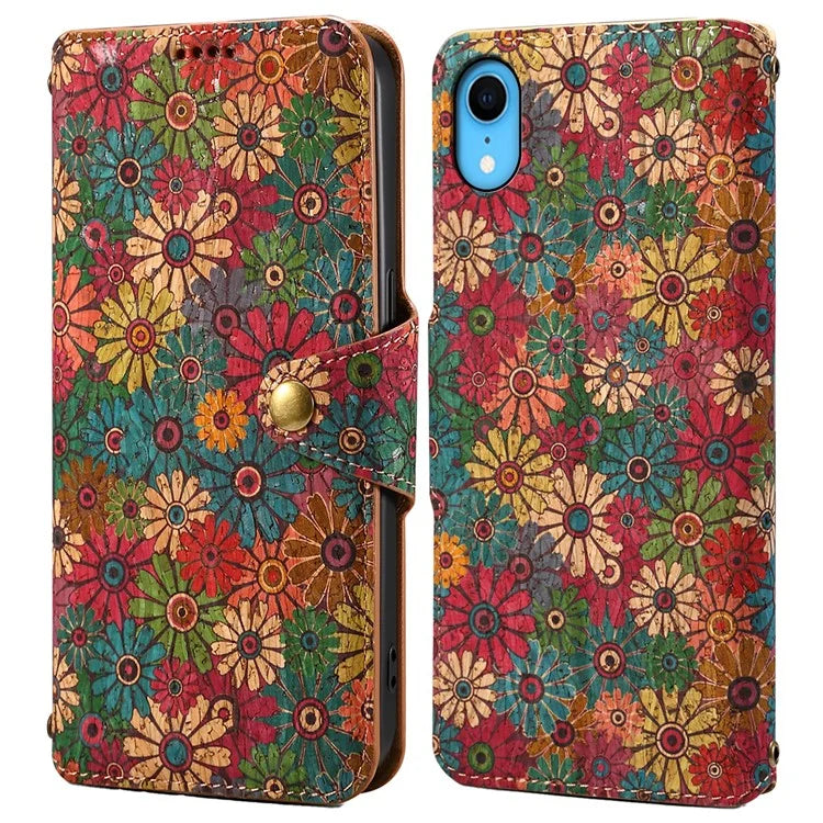 For iPhone XR Leather Case Flower Pattern Printing Phone Cover Wallet Folding Stand