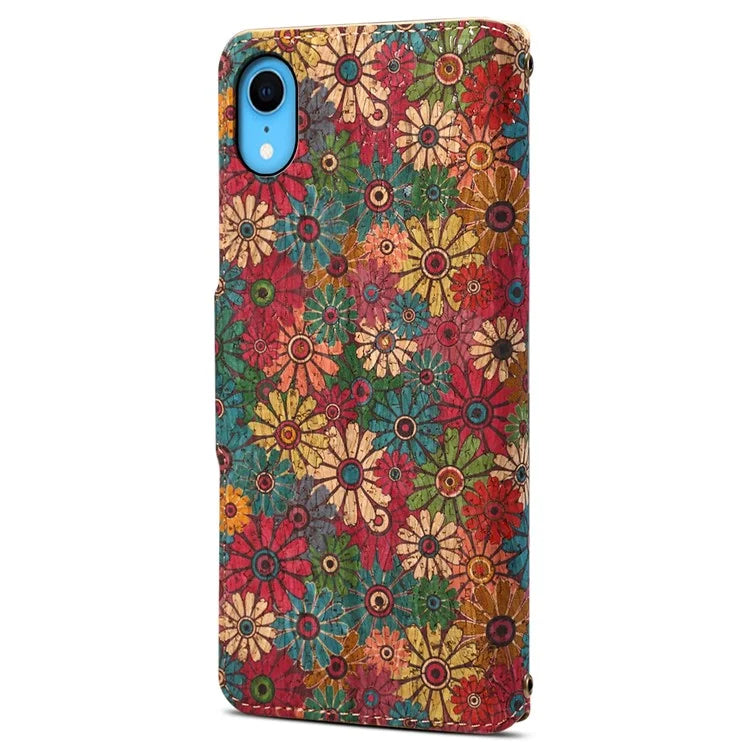 For iPhone XR Leather Case Flower Pattern Printing Phone Cover Wallet Folding Stand