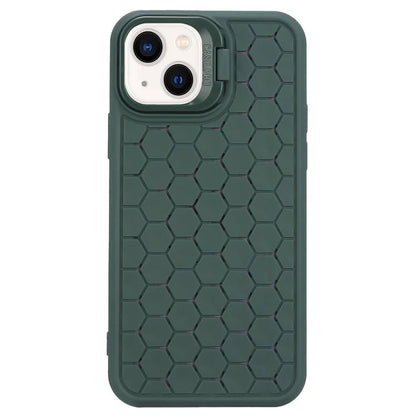 For iPhone 14 Magnetic Case Honeycomb Texture Lens Frame Kickstand TPU Phone Cover