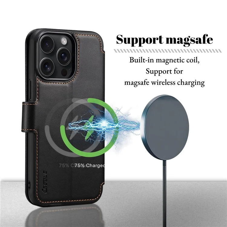 E1 For iPhone 14 Pro Case Nappa Texture Leather Wallet Phone Cover Compatible with MagSafe