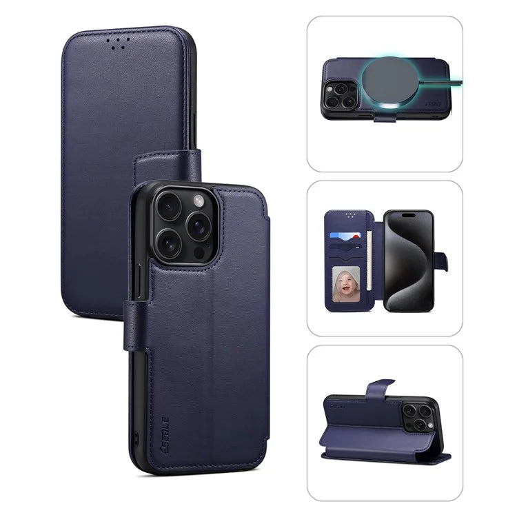 E1 For iPhone 14 Pro Max Case Compatible with MagSafe Nappa Texture Leather Wallet Stand Phone Cover
