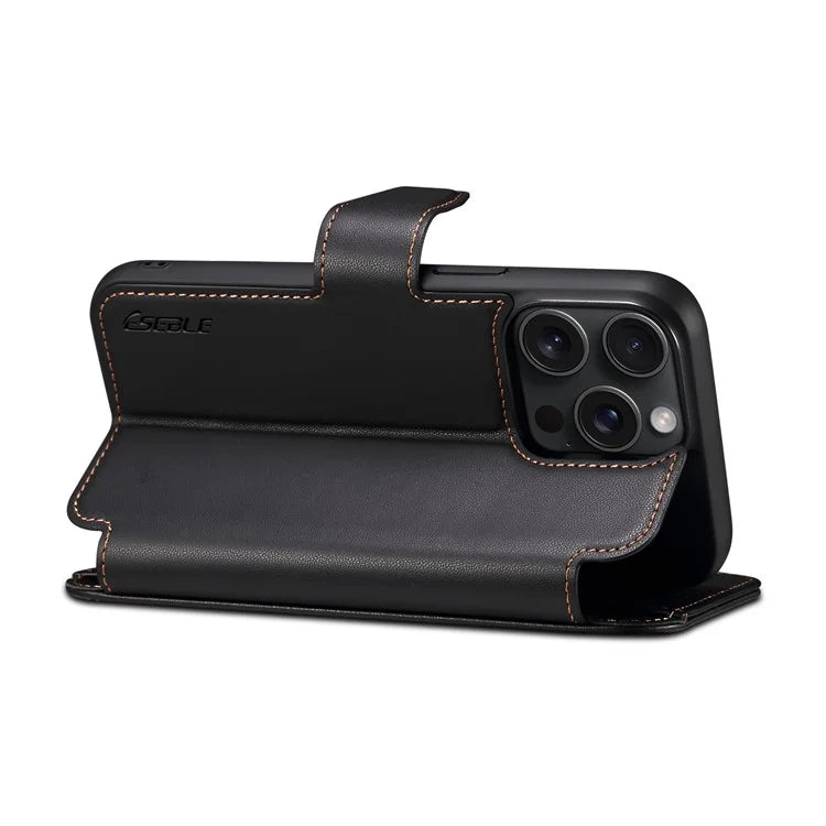 E1 For iPhone 15 Pro Cover Magnetic PU Leather Stand Flip Phone Case Compatible with MagSafe