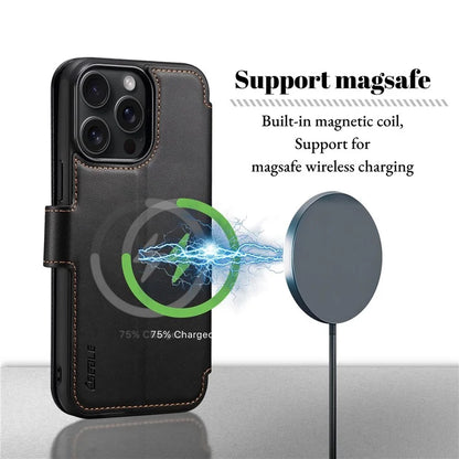 E1 For iPhone 15 Pro Cover Magnetic PU Leather Stand Flip Phone Case Compatible with MagSafe