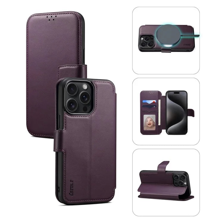 E1 For iPhone 15 Pro Cover Magnetic PU Leather Stand Flip Phone Case Compatible with MagSafe