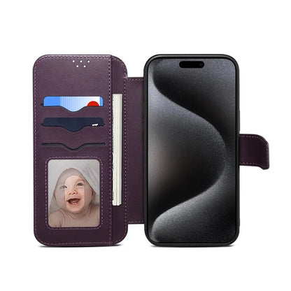 E1 For iPhone 15 Pro Cover Magnetic PU Leather Stand Flip Phone Case Compatible with MagSafe