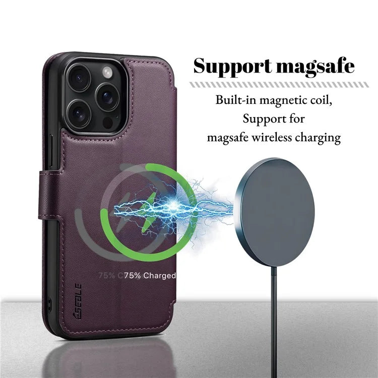 E1 For iPhone 15 Pro Cover Magnetic PU Leather Stand Flip Phone Case Compatible with MagSafe