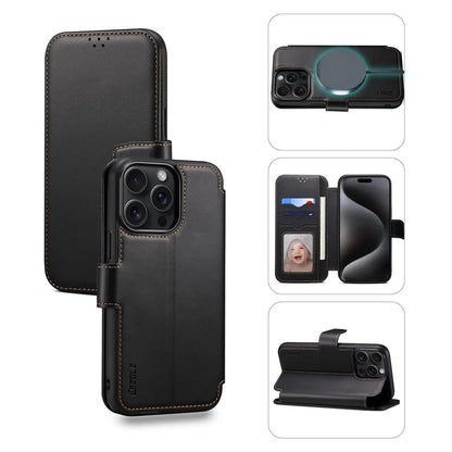 E1 For iPhone 15 Pro Max Case Leather Wallet Magnetic Smartphone Cover Compatible with MagSafe