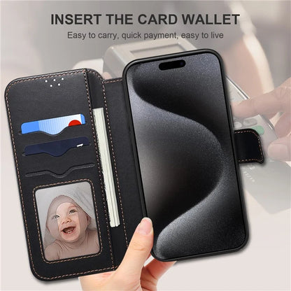 E1 For iPhone 15 Pro Max Case Leather Wallet Magnetic Smartphone Cover Compatible with MagSafe