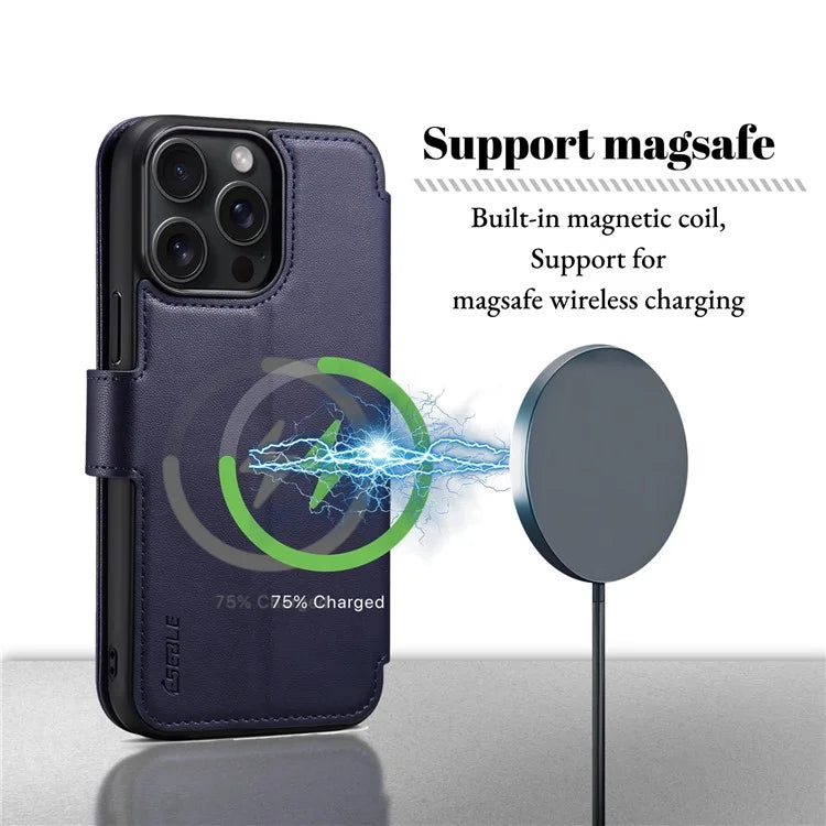 E1 For iPhone 15 Pro Max Case Leather Wallet Magnetic Smartphone Cover Compatible with MagSafe