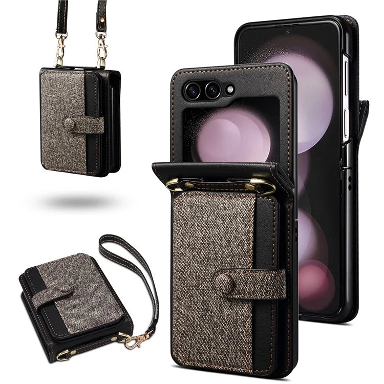 For Samsung Galaxy Z Flip5 5G Case PU Leather+PC Phone Protective Cover with Strap