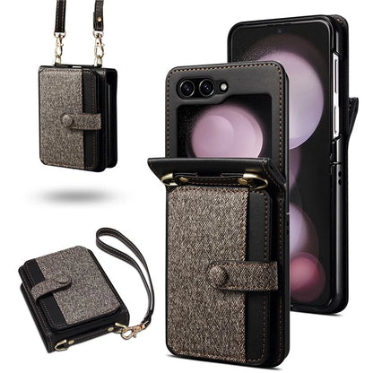 For Samsung Galaxy Z Flip5 5G Case PU Leather+PC Phone Protective Cover with Strap