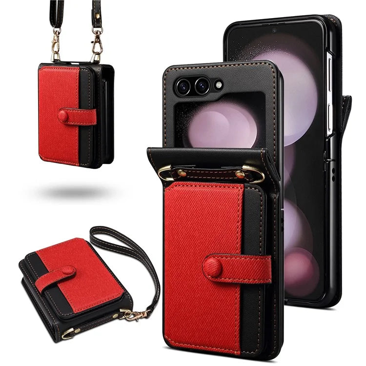 For Samsung Galaxy Z Flip5 5G Case PU Leather+PC Phone Protective Cover with Strap