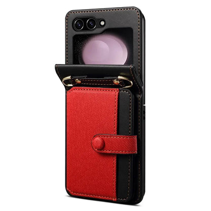 For Samsung Galaxy Z Flip5 5G Case PU Leather+PC Phone Protective Cover with Strap