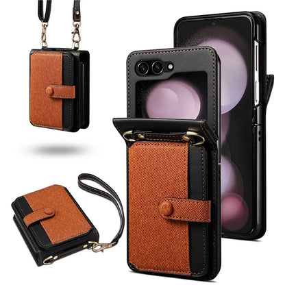 For Samsung Galaxy Z Flip5 5G Case PU Leather+PC Phone Protective Cover with Strap