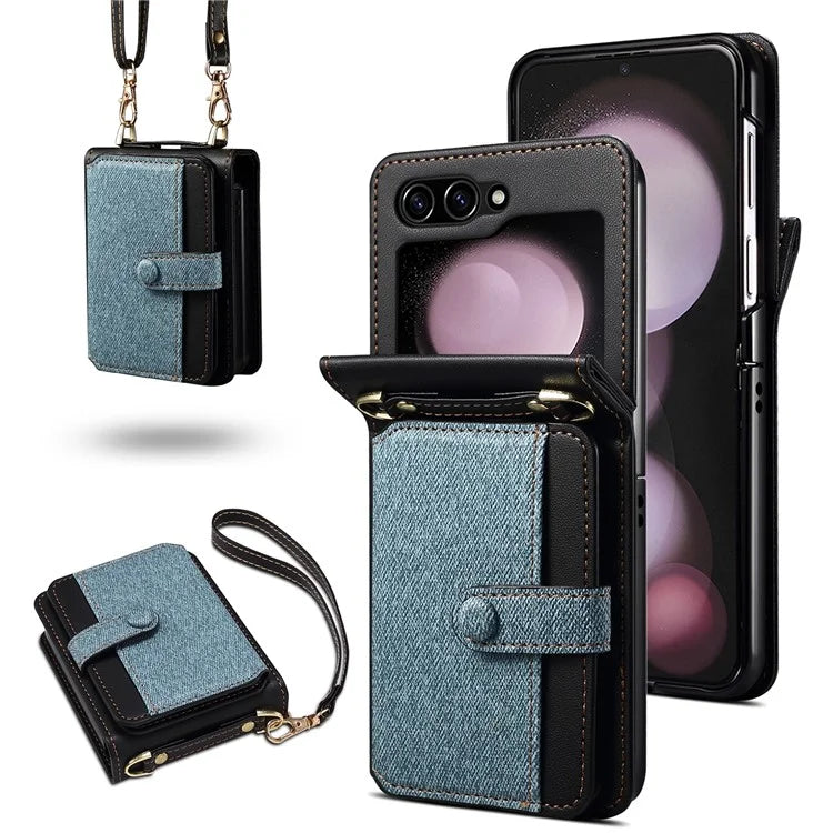 For Samsung Galaxy Z Flip5 5G Case PU Leather+PC Phone Protective Cover with Strap