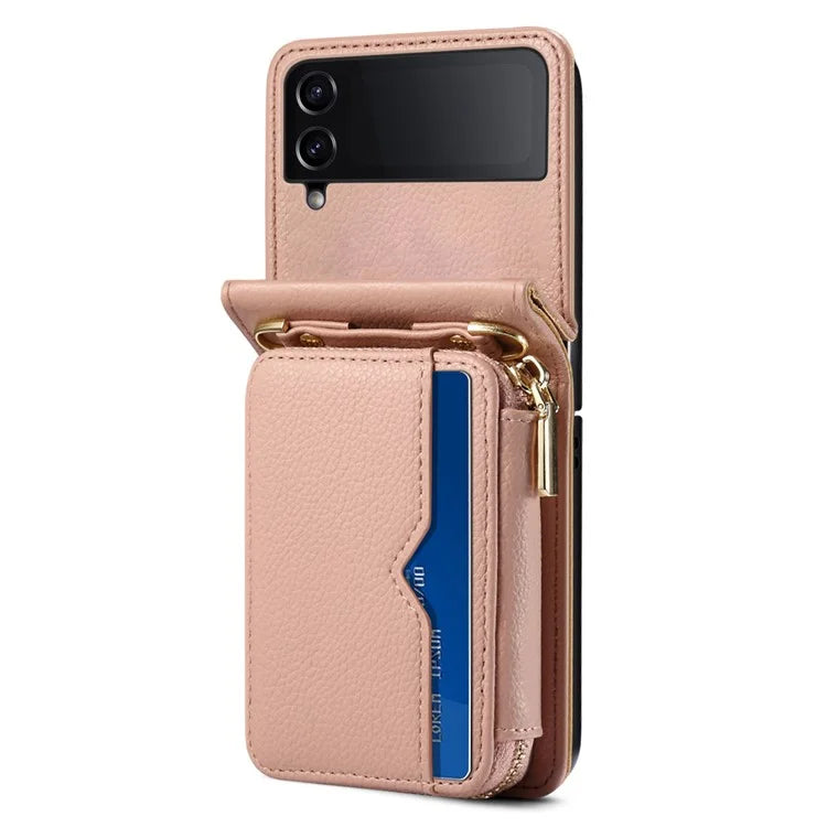For Samsung Galaxy Z Flip4 5G Case Multi-card Slot PU Leather+PC Phone Protector with Strap