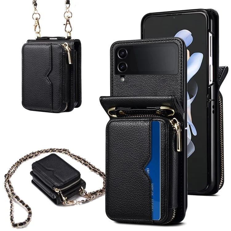 For Samsung Galaxy Z Flip3 5G Cover PU Leather+PC Phone Protective Case Card Holder with Strap