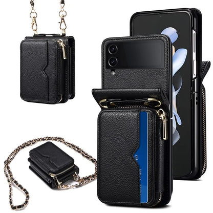 For Samsung Galaxy Z Flip3 5G Cover PU Leather+PC Phone Protective Case Card Holder with Strap