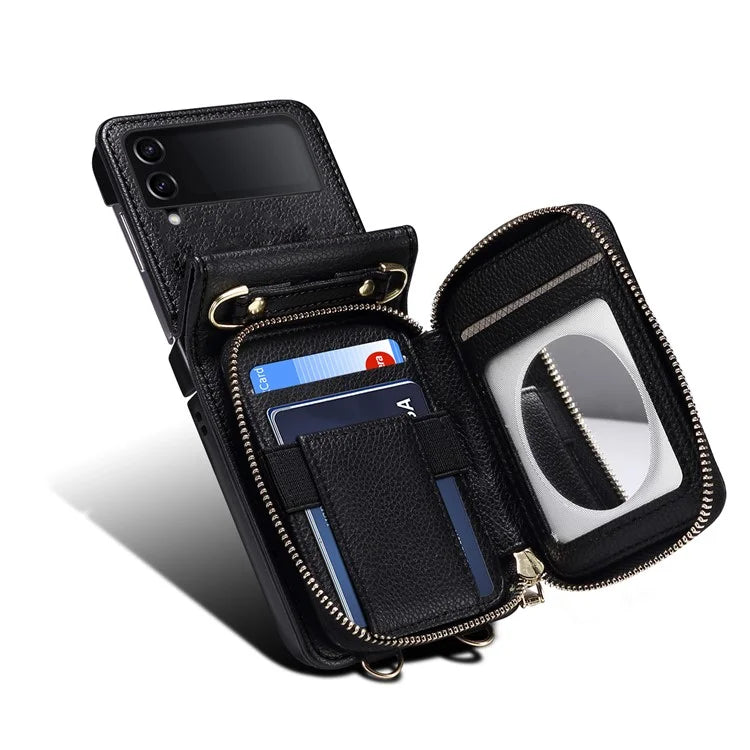 For Samsung Galaxy Z Flip3 5G Cover PU Leather+PC Phone Protective Case Card Holder with Strap