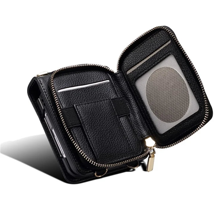 For Samsung Galaxy Z Flip3 5G Cover PU Leather+PC Phone Protective Case Card Holder with Strap