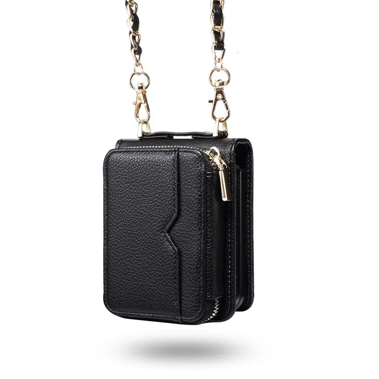 For Samsung Galaxy Z Flip3 5G Cover PU Leather+PC Phone Protective Case Card Holder with Strap