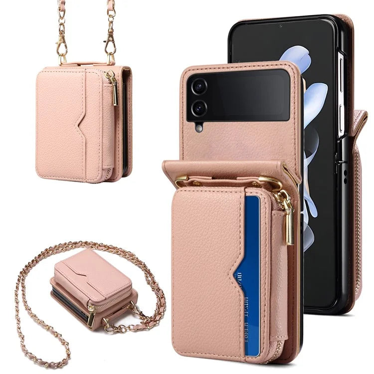 For Samsung Galaxy Z Flip3 5G Cover PU Leather+PC Phone Protective Case Card Holder with Strap