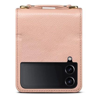 For Samsung Galaxy Z Flip3 5G Cover PU Leather+PC Phone Protective Case Card Holder with Strap