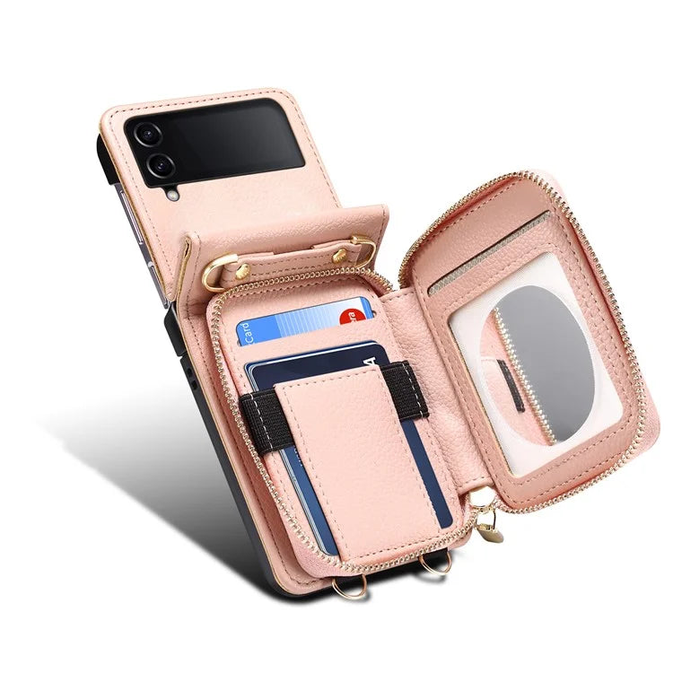 For Samsung Galaxy Z Flip3 5G Cover PU Leather+PC Phone Protective Case Card Holder with Strap