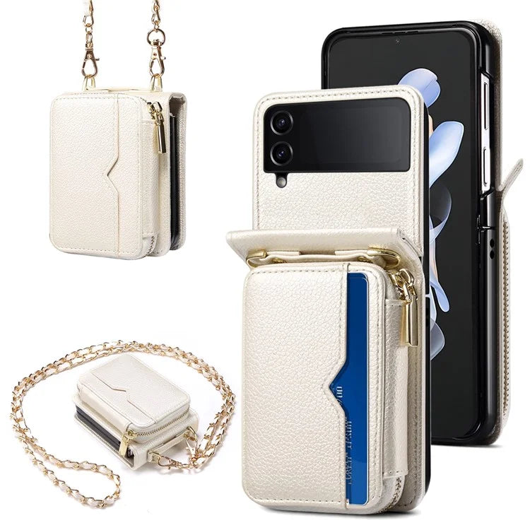For Samsung Galaxy Z Flip3 5G Cover PU Leather+PC Phone Protective Case Card Holder with Strap