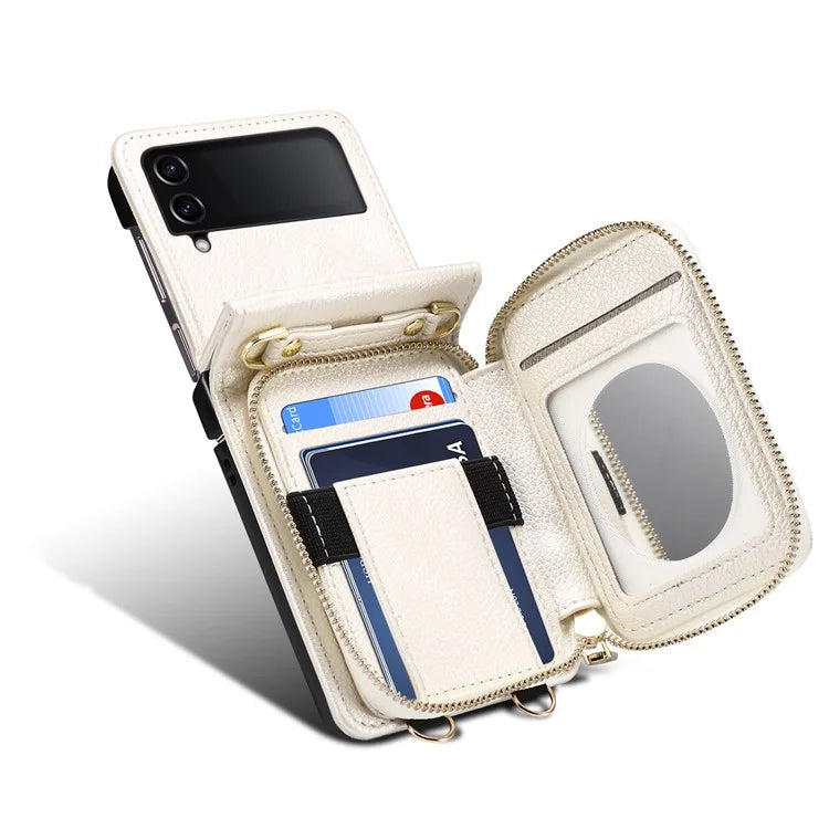For Samsung Galaxy Z Flip3 5G Cover PU Leather+PC Phone Protective Case Card Holder with Strap