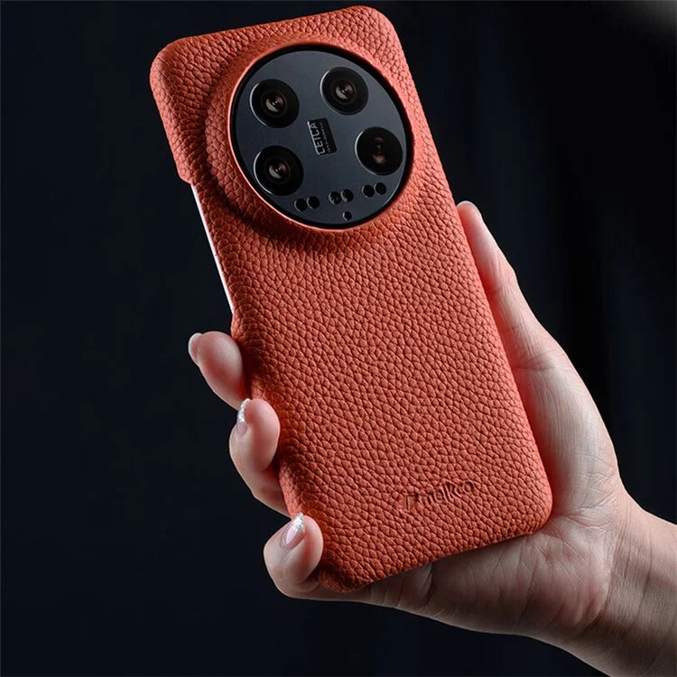 MELKCO Cellphone Case for Xiaomi 14 Ultra , Genuine Cow Leather Coated PC Incomplete Back Cover