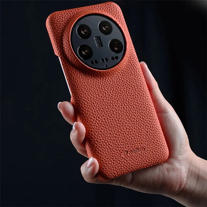 MELKCO Cellphone Case for Xiaomi 14 Ultra , Genuine Cow Leather Coated PC Incomplete Back Cover