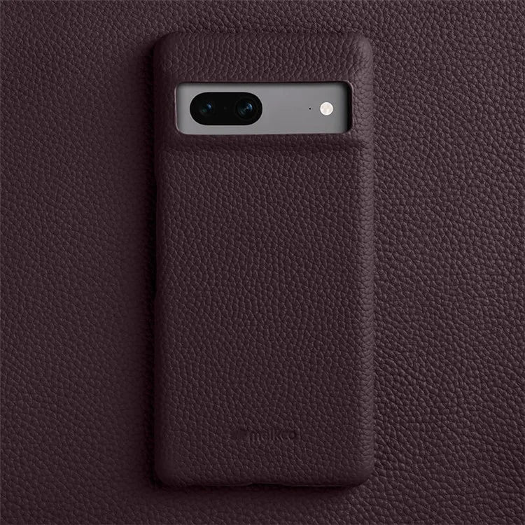 MELKCO Cellphone Case for Google Pixel 7 5G Genuine Cow Leather Coated PC Scratch Proof Cover