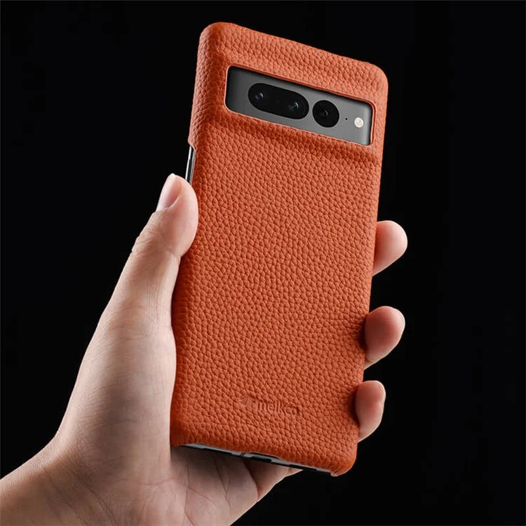 MELKCO Cellphone Case for Google Pixel 7 5G Genuine Cow Leather Coated PC Scratch Proof Cover