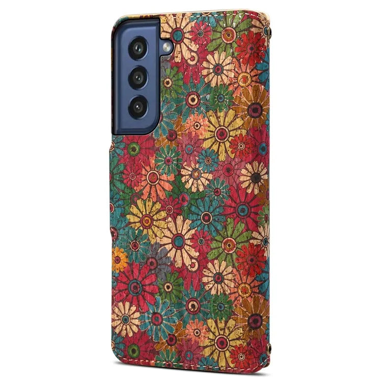 For Samsung Galaxy S21 FE 5G Case Flower Print Pattern Design PU Leather Phone Cover