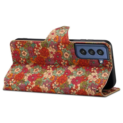 For Samsung Galaxy S21 FE 5G Case Flower Print Pattern Design PU Leather Phone Cover