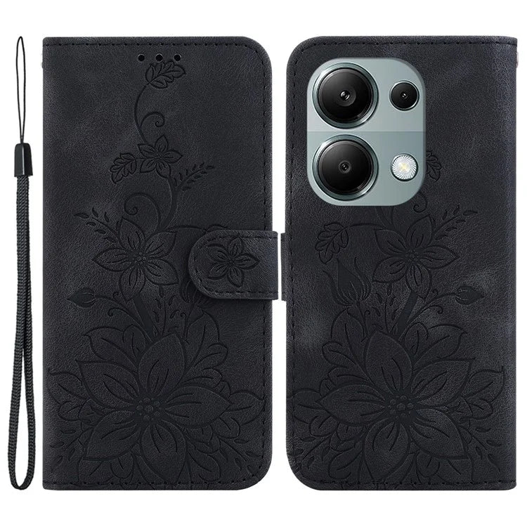 For Xiaomi Redmi Note 13 Pro 4G / Poco M6 Pro 4G Leather Case Flower Imprint Foldable Stand Phone Cover