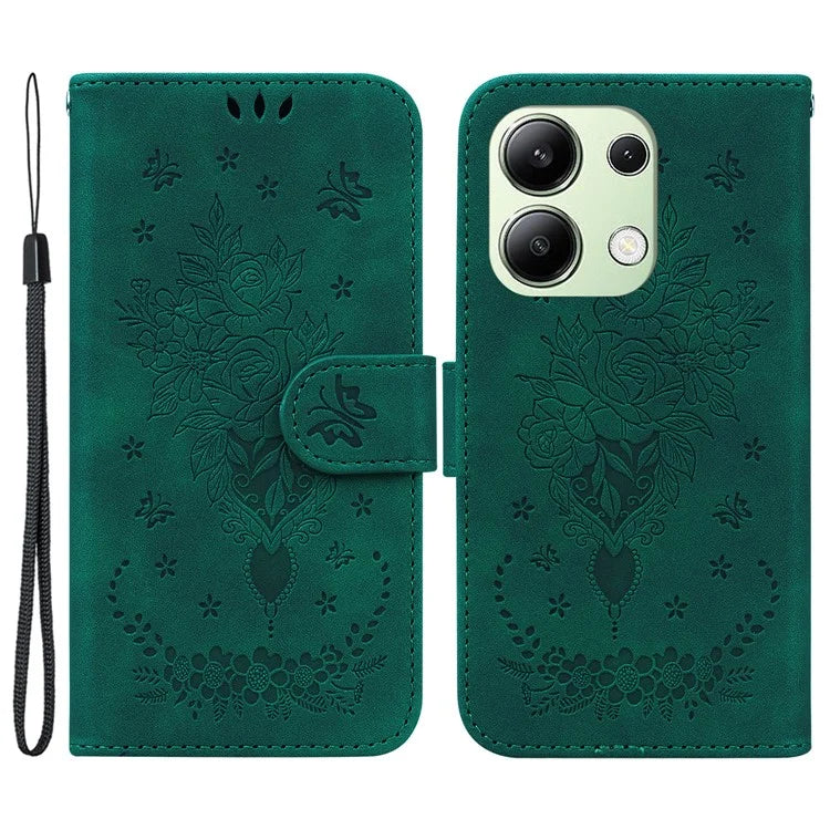 For Xiaomi Redmi Note 13 4G Leather Case Rose Butterfly Phone Cover with Wallet