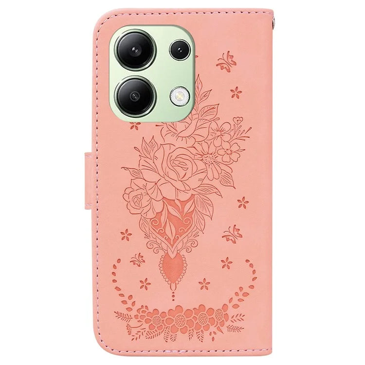 For Xiaomi Redmi Note 13 4G Leather Case Rose Butterfly Phone Cover with Wallet