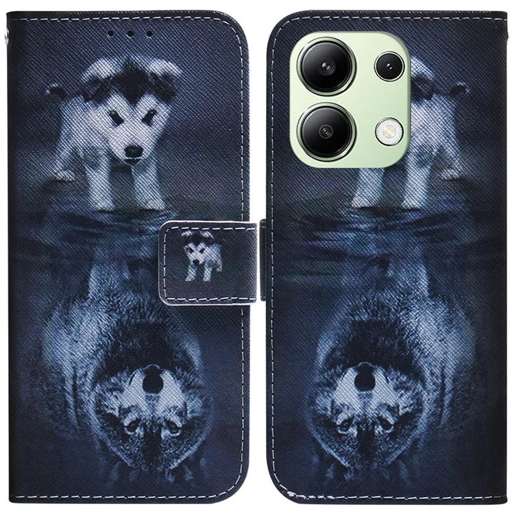 For Xiaomi Redmi Note 13 4G Leather Case Stand Wallet Phone Cover Pattern Printing and Wolf