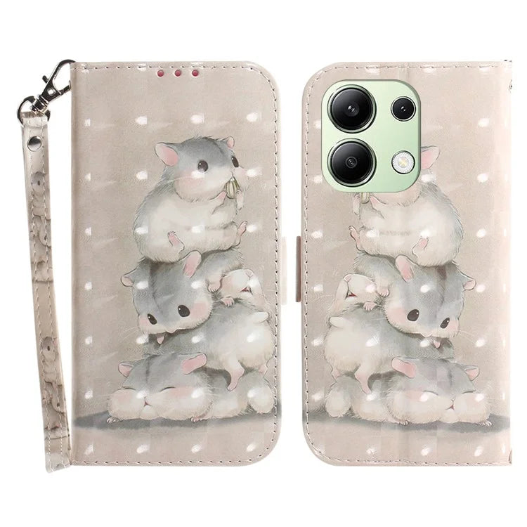 For Xiaomi Redmi Note 13 4G Case with Hand Strap Pattern Printing Leather Phone Cover