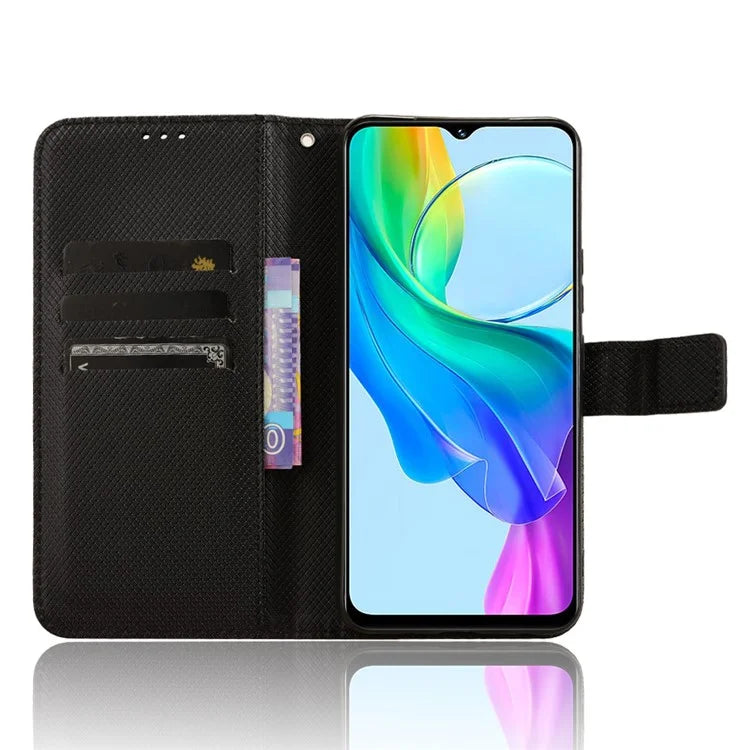 For vivo Y03 Wallet Case Diamond Texture Stand PU Leather Phone Cover