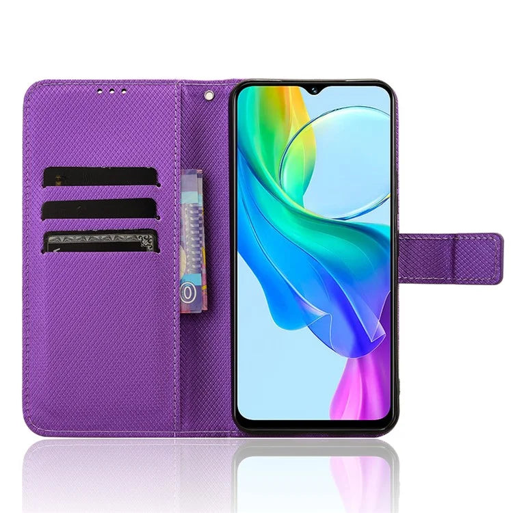 For vivo Y03 Wallet Case Diamond Texture Stand PU Leather Phone Cover