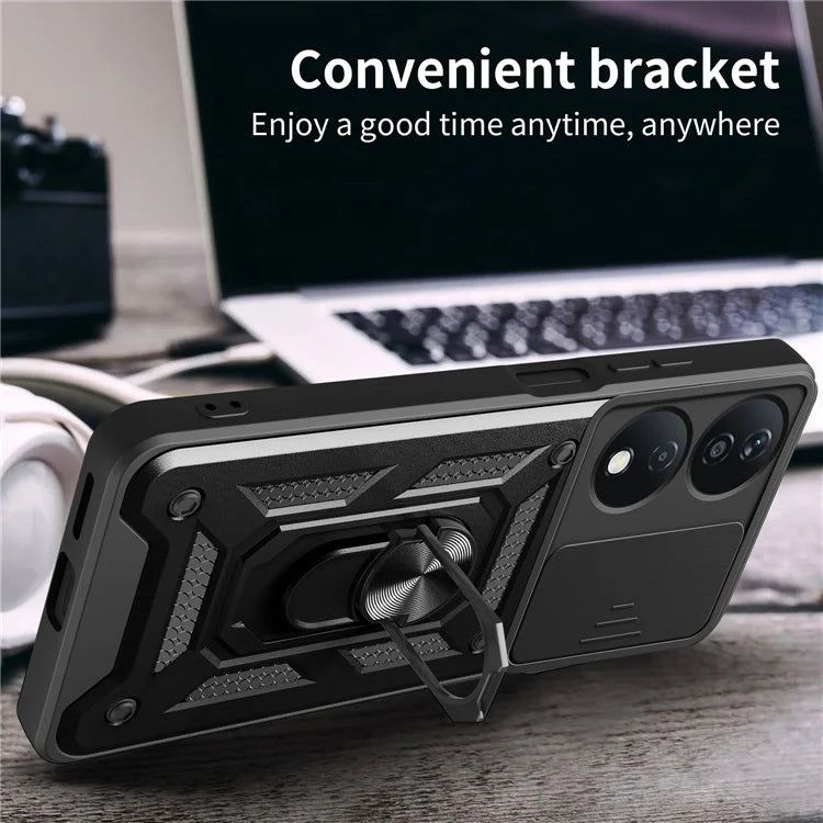 For Honor X7b 4G Case PC+TPU Rugged Shockproof Phone Cover with Slide Lens Window