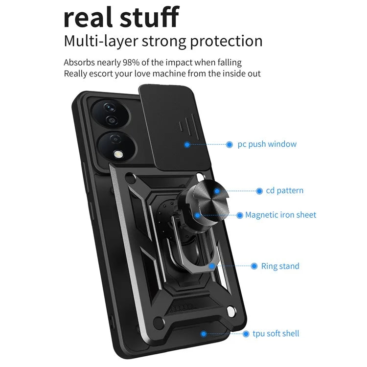 For Honor X7b 4G Case PC+TPU Rugged Shockproof Phone Cover with Slide Lens Window