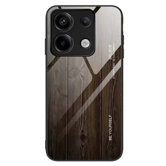 For Xiaomi Redmi Note 13 Pro 5G / Poco X6 5G Wood Texture Case Tempered Glass+TPU Slim-Fit Back Shell
