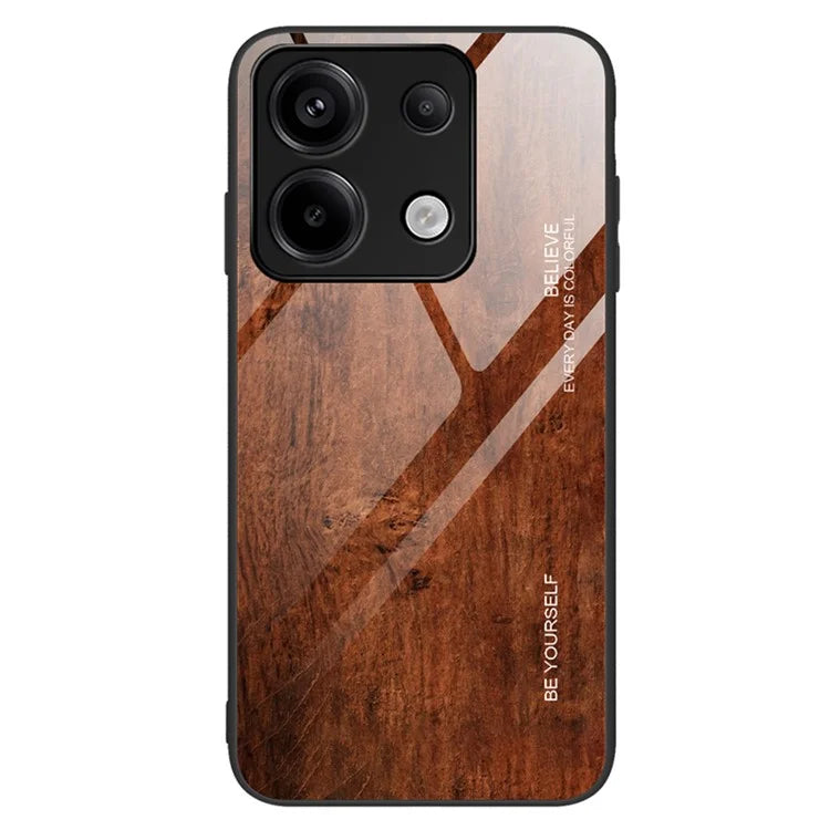 For Xiaomi Redmi Note 13 Pro 5G / Poco X6 5G Wood Texture Case Tempered Glass+TPU Slim-Fit Back Shell